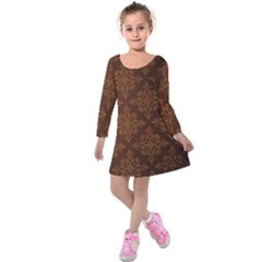 Brown Floral Pattern Floral Vintage Pattern, Brown Vintage Kids  Long Sleeve Velvet Dress by nateshop