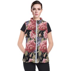 Retro Texture With Flowers, Black Background With Flowers Women s Puffer Vest by nateshop