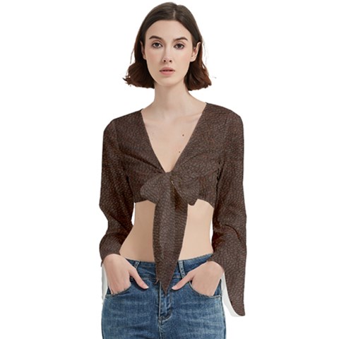 Black Leather Texture Leather Textures, Brown Leather Line Trumpet Sleeve Cropped Top by nateshop