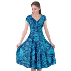 Blue Floral Pattern Texture, Floral Ornaments Texture Cap Sleeve Wrap Front Dress by nateshop