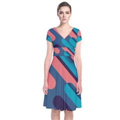 Blue Geometric Background, Abstract Lines Background Short Sleeve Front Wrap Dress by nateshop