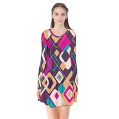 Colorful Abstract Background, Geometric Background Long Sleeve V-neck Flare Dress by nateshop