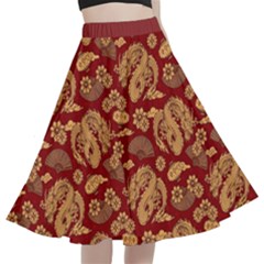 Vintage Dragon Chinese Red Amber A-line Full Circle Midi Skirt With Pocket by DimSum