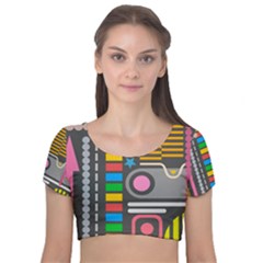 Pattern Geometric Abstract Colorful Arrows Lines Circles Triangles Velvet Short Sleeve Crop Top  by Grandong