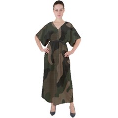 Camo, Abstract, Beige, Black, Brown Military, Mixed, Olive V-neck Boho Style Maxi Dress by nateshop