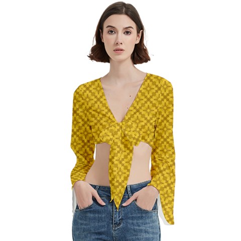 Yellow Floral Pattern Vintage Pattern, Yellow Background Trumpet Sleeve Cropped Top by nateshop