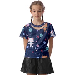 Cute Astronaut Cat With Star Galaxy Elements Seamless Pattern Kids  Front Cut T-shirt by Grandong