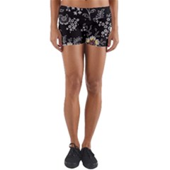 Black Background With Gray Flowers, Floral Black Texture Yoga Shorts by nateshop