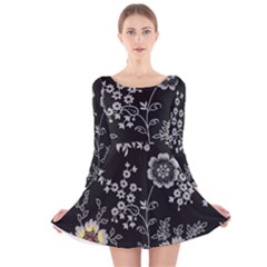 Black Background With Gray Flowers, Floral Black Texture Long Sleeve Velvet Skater Dress by nateshop