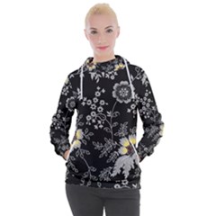 Black Background With Gray Flowers, Floral Black Texture Women s Hooded Pullover by nateshop