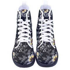 Black Background With Gray Flowers, Floral Black Texture Men s High-top Canvas Sneakers by nateshop