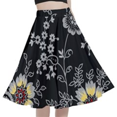 Black Background With Gray Flowers, Floral Black Texture A-line Full Circle Midi Skirt With Pocket by nateshop