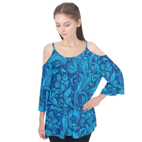 Blue Floral Pattern Texture, Floral Ornaments Texture Flutter Sleeve T-shirt  by nateshop