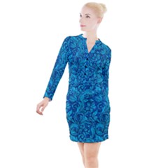 Blue Floral Pattern Texture, Floral Ornaments Texture Button Long Sleeve Dress by nateshop