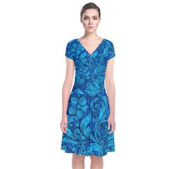 Blue Floral Pattern Texture, Floral Ornaments Texture Short Sleeve Front Wrap Dress by nateshop