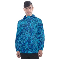 Blue Floral Pattern Texture, Floral Ornaments Texture Men s Front Pocket Pullover Windbreaker by nateshop