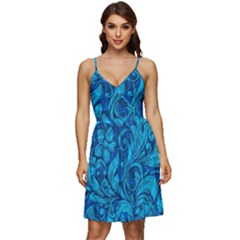 Blue Floral Pattern Texture, Floral Ornaments Texture V-neck Pocket Summer Dress  by nateshop