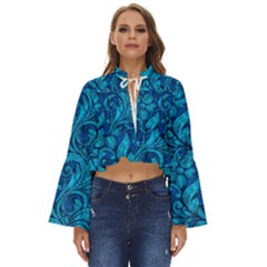 Blue Floral Pattern Texture, Floral Ornaments Texture Boho Long Bell Sleeve Top