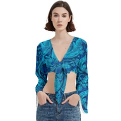 Blue Floral Pattern Texture, Floral Ornaments Texture Trumpet Sleeve Cropped Top