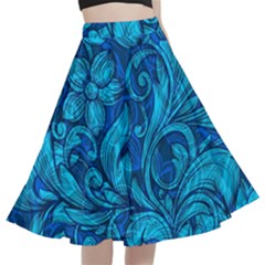 Blue Floral Pattern Texture, Floral Ornaments Texture A-line Full Circle Midi Skirt With Pocket by nateshop