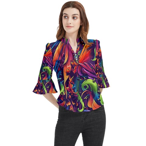 Colorful Floral Patterns, Abstract Floral Background Loose Horn Sleeve Chiffon Blouse by nateshop