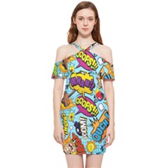 Vintage Art Tattoos Colorful Seamless Pattern Shoulder Frill Bodycon Summer Dress by Bedest