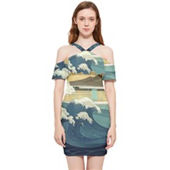Sea Asia Waves Japanese Art The Great Wave Off Kanagawa Shoulder Frill Bodycon Summer Dress by Cemarart
