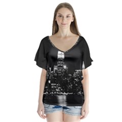 Photography Of Buildings New York City  Nyc Skyline V-neck Flutter Sleeve Top by Cemarart