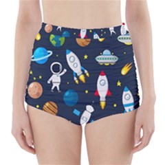 Big Set Cute Astronauts Space Planets Stars Aliens Rockets Ufo Constellations Satellite Moon Rover High-waisted Bikini Bottoms by Cemarart