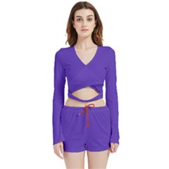 Ultra Violet Purple Velvet Wrap Crop Top And Shorts Set