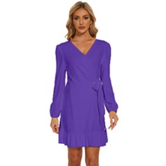 Ultra Violet Purple Long Sleeve Waist Tie Ruffle Velvet Dress