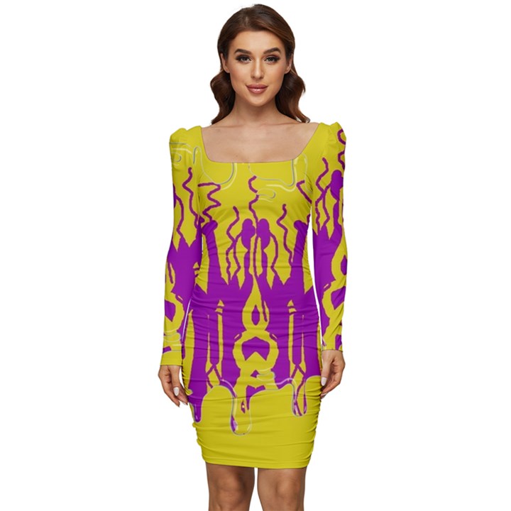 Yellow And Purple In Harmony Women Long Sleeve Ruched Stretch Jersey Dress