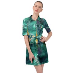 Silk Waves Abstract Belted Shirt Dress by Cemarart