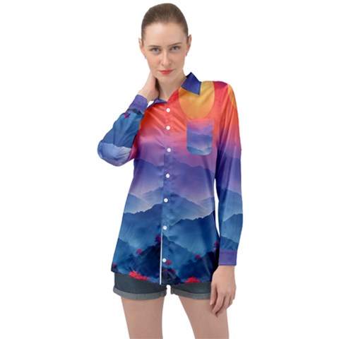 Valley Night Mountains Long Sleeve Satin Shirt by Cemarart