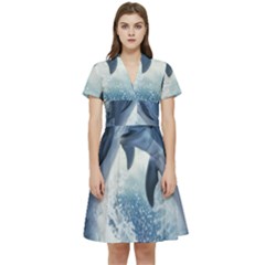 Dolphins Sea Ocean Water Short Sleeve Waist Detail Dress by Cemarart