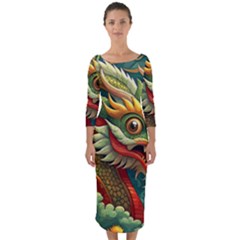 Chinese New Year ¨c Year Of The Dragon Quarter Sleeve Midi Bodycon Dress
