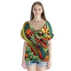Chinese New Year ¨c Year Of The Dragon V-neck Flutter Sleeve Top