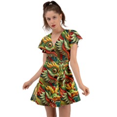 Chinese New Year ¨c Year Of The Dragon Flutter Sleeve Wrap Dress