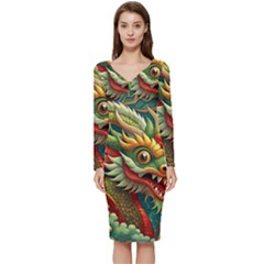 Chinese New Year ¨c Year Of The Dragon Long Sleeve V-neck Bodycon Dress 