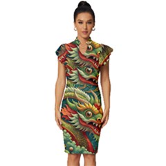 Chinese New Year ¨c Year Of The Dragon Vintage Frill Sleeve V-neck Bodycon Dress