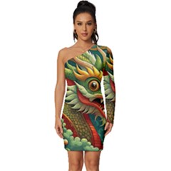 Chinese New Year ¨c Year Of The Dragon Long Sleeve One Shoulder Mini Dress