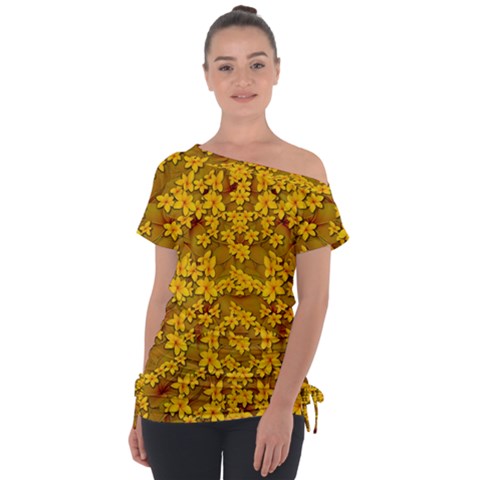 Blooming Flowers Of Lotus Paradise Off Shoulder Tie-up T-shirt by pepitasart