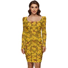 Blooming Flowers Of Lotus Paradise Women Long Sleeve Ruched Stretch Jersey Dress