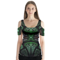 Fractal Green Black 3d Art Floral Pattern Butterfly Sleeve Cutout T-shirt 