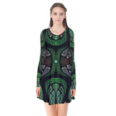 Fractal Green Black 3d Art Floral Pattern Long Sleeve V-neck Flare Dress