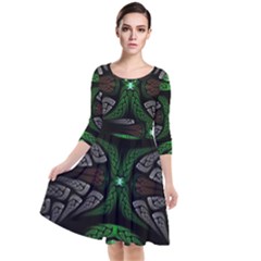 Fractal Green Black 3d Art Floral Pattern Quarter Sleeve Waist Band Dress