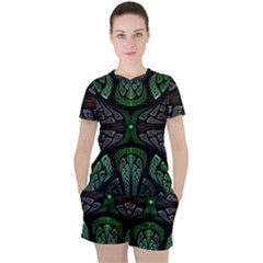 Fractal Green Black 3d Art Floral Pattern Women s T-shirt And Shorts Set