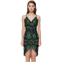 Fractal Green Black 3d Art Floral Pattern Wrap Frill Dress