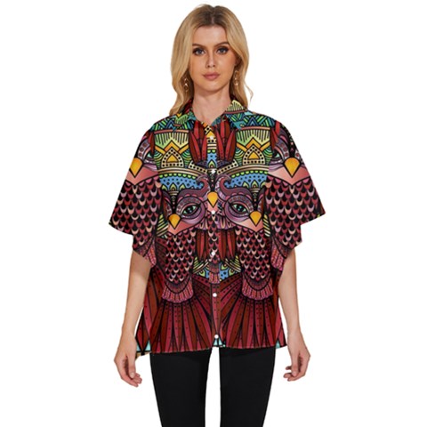 Colorful Owl Art Red Owl Women s Batwing Button Up Shirt by Bedest