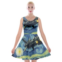Spaceship Starry Night Van Gogh Painting Velvet Skater Dress